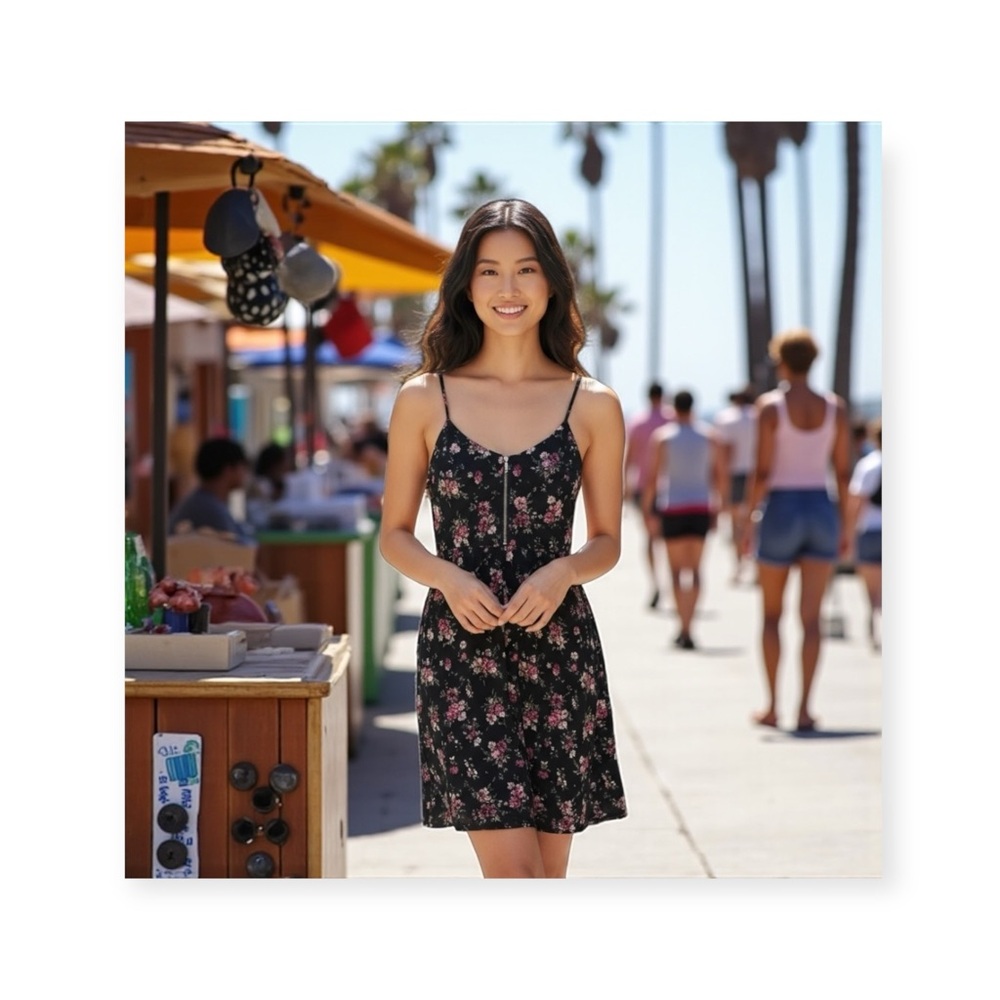 new LF Millau 𑁍 Floral Print Lace Babydoll Dress 𑁍 Black with Pink Flowers 𑁍 M - Picture 15 of 16